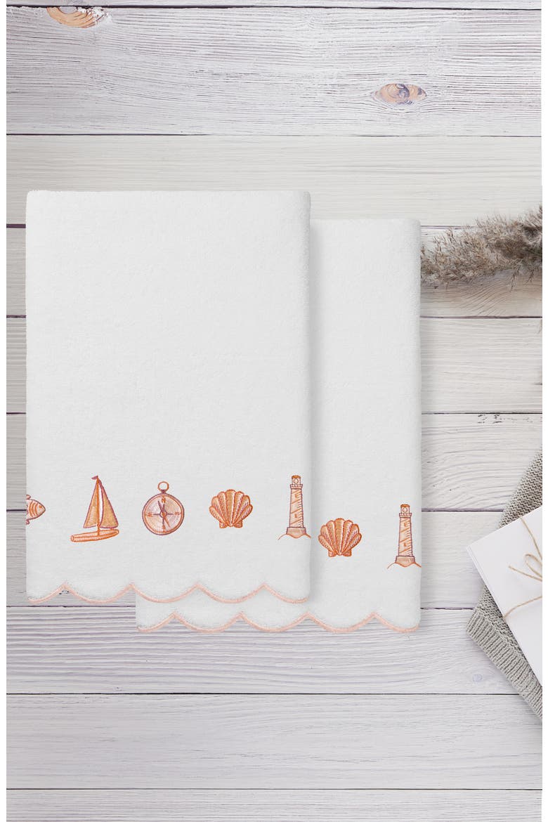 2-Piece Sea Joy Embroidered Turkish Cotton Bath Towel Set, Alternate, color, WHITE/ PINK