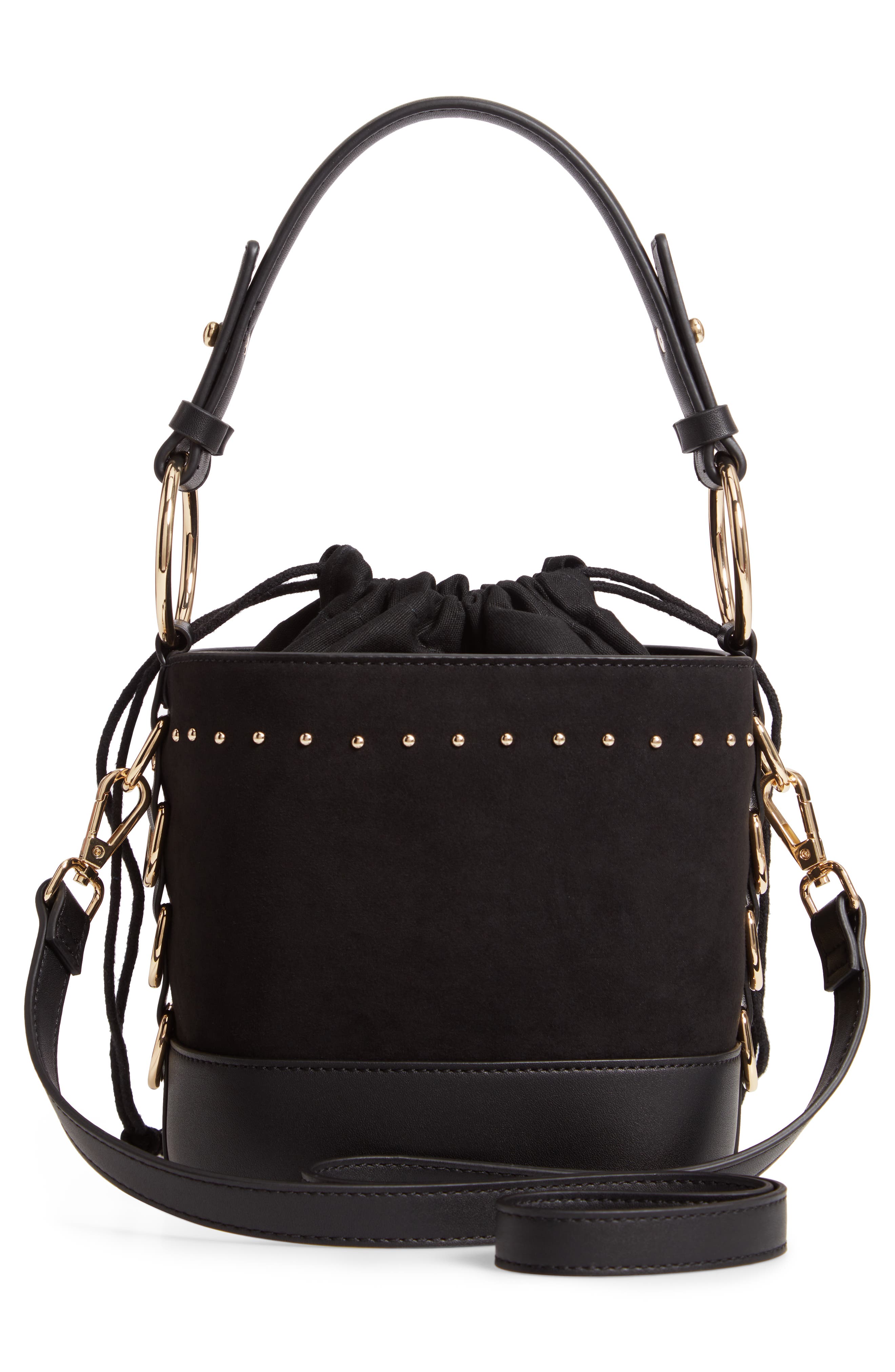 Topshop Bianca Studded Faux Leather Bucket Bag, Alternate, color, 