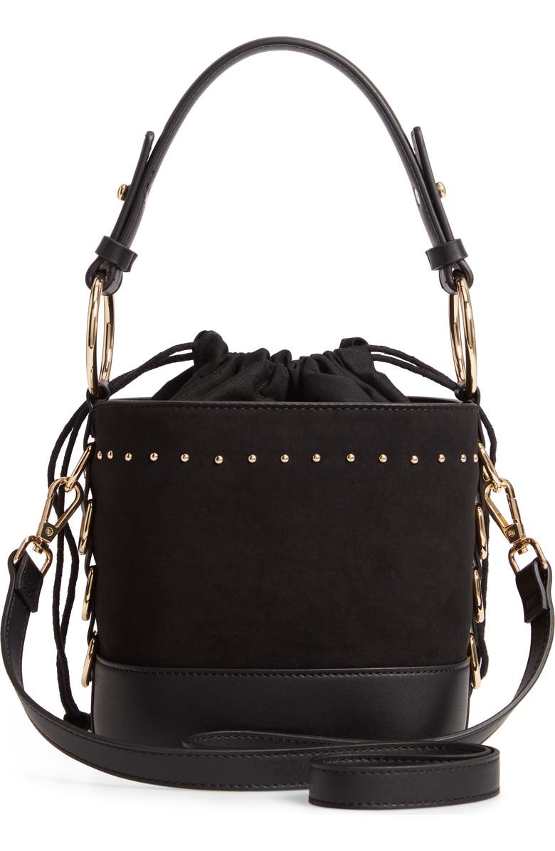 Topshop Bianca Studded Faux Leather Bucket Bag, Alternate, color,