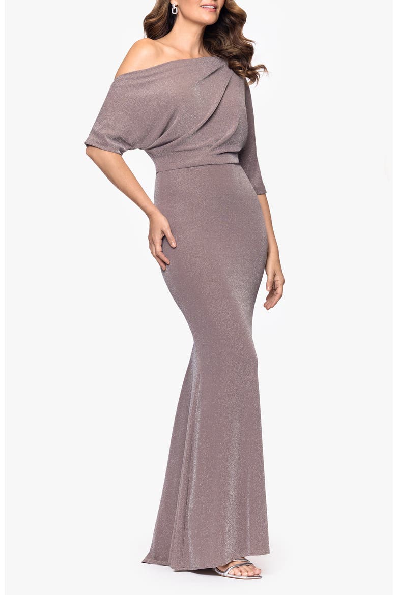 Shimmer One-Shoulder Gown, Main, color, TAUPE/ SILVER