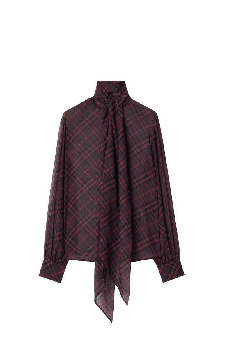Burberry Check Silk Scarf Blouse, Alternate, color, Wine Red