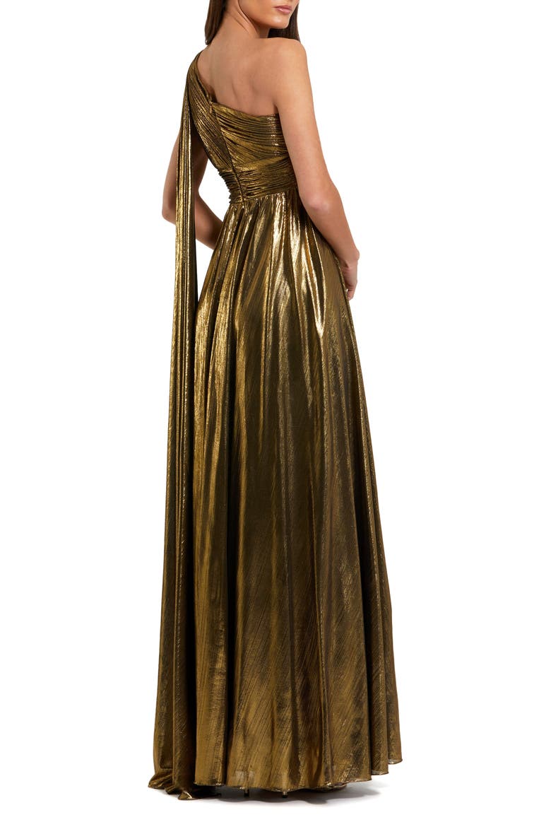 Petite One Shoulder Metallic Stretch Gown With Float, Alternate, color, Gold