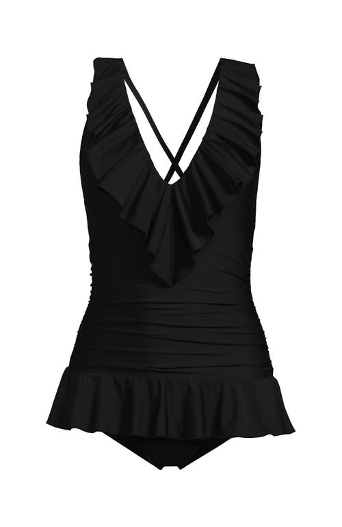 Lands' End Ruffle Plunge Skirted High Leg One Piece In Black