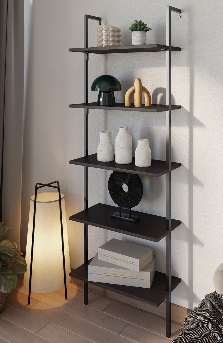 HAPPIMESS Madera Classic Industrial Shelf Wood Wall-Mounted Open Ladder Bookcase with Metal Frame, Alternate, color, Black/Black