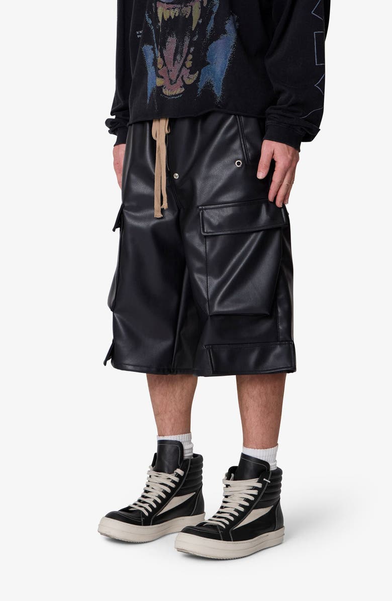 mnml Faux Leather Rave Cargo Shorts, Alternate, color, Black