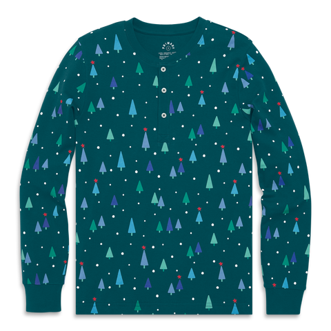 Adult Organic Long Sleeve Henley Pj Top In Holiday Animal Friends (unisex Fit)
