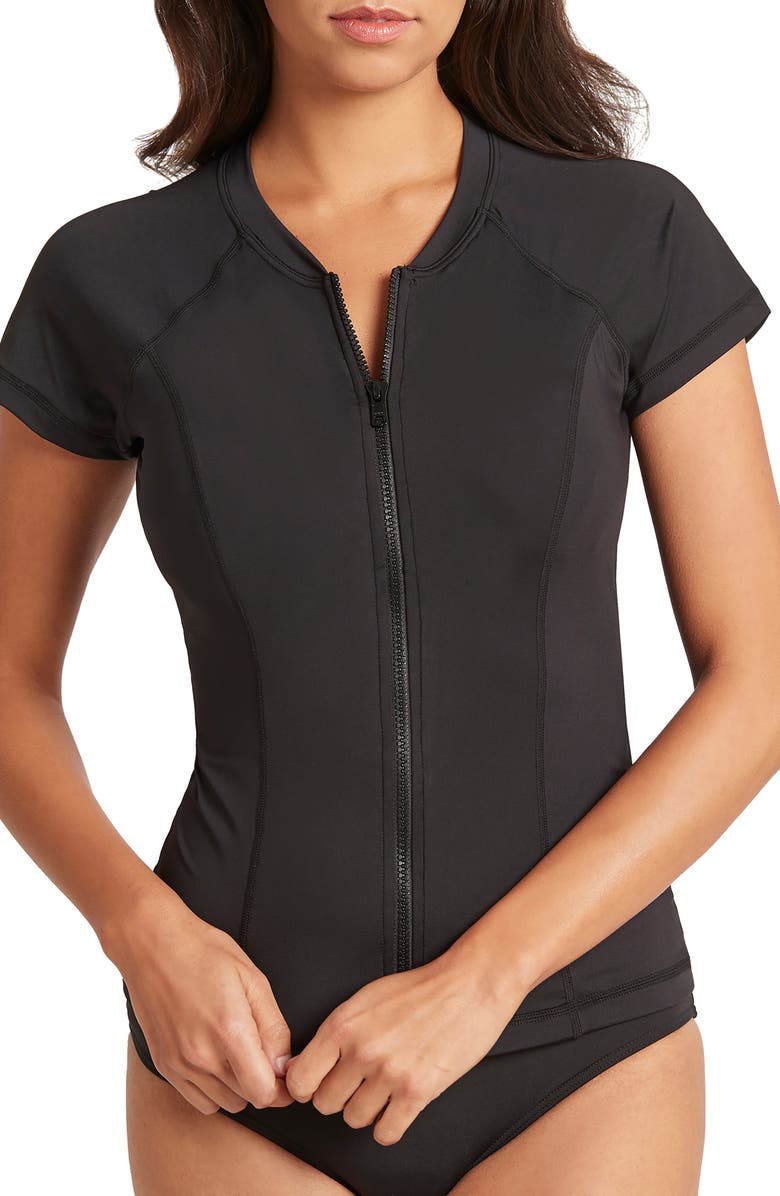 Sea Level Zip-Up Short Sleeve Rashguard Top, Alternate, color,