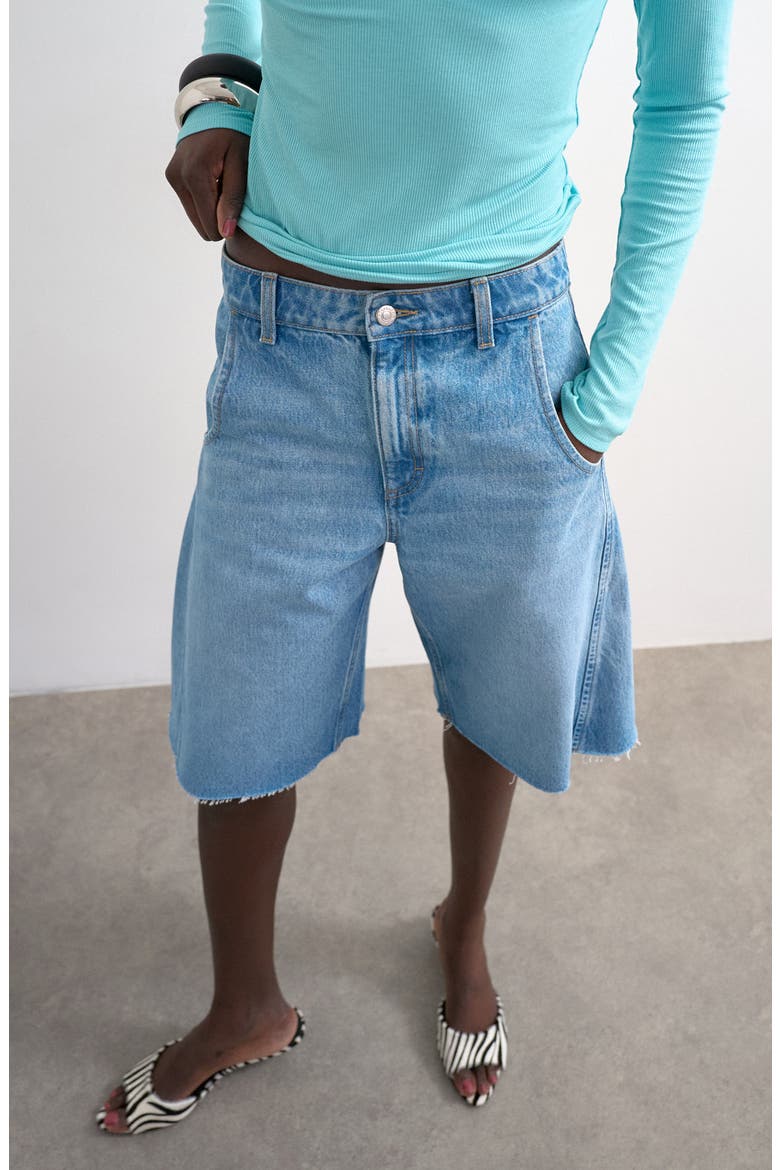 Barrel Leg Denim Bermuda Shorts, Alternate, color, BLUE
