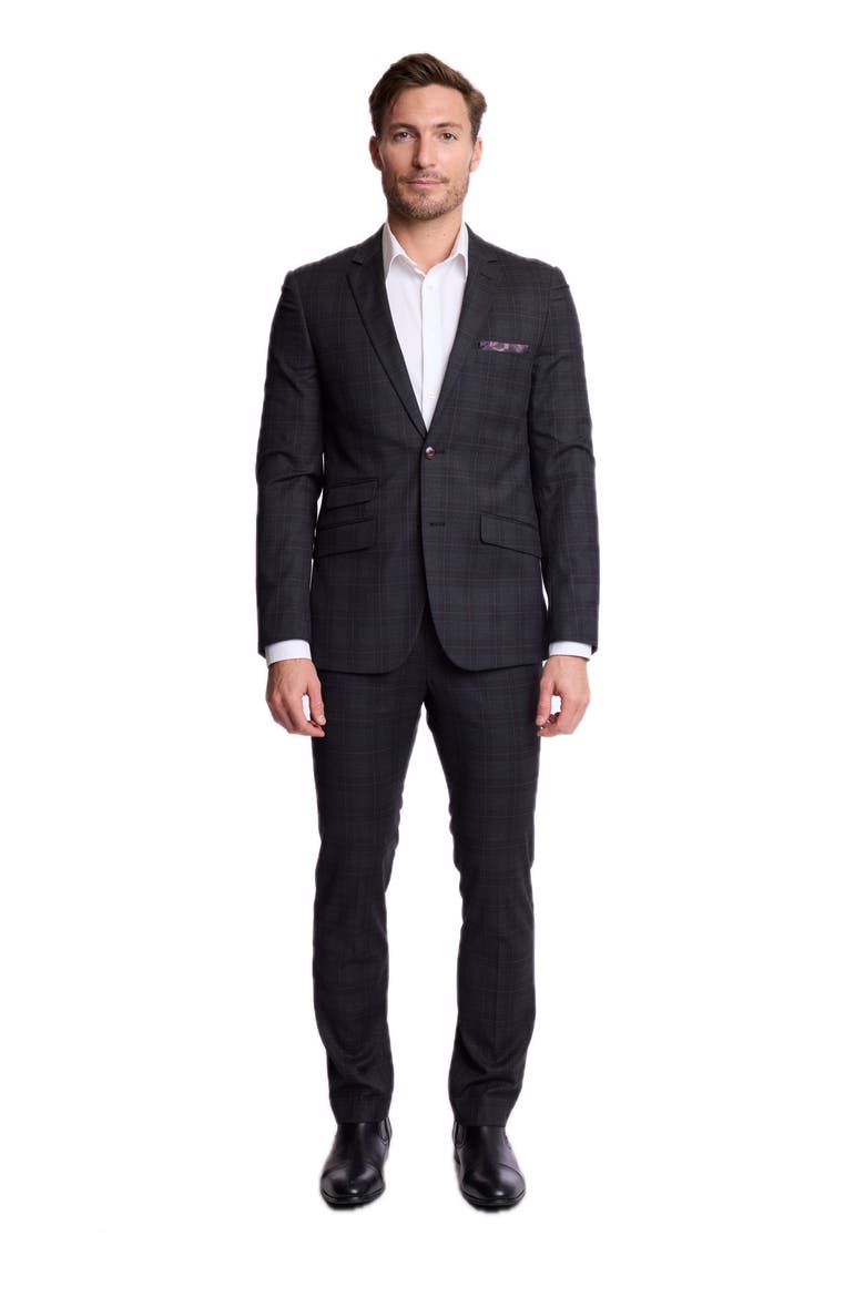 Dover Slim Fit Plaid Suit Jacket, Alternate, color, CHARCOAL BURGUNDY PLAID