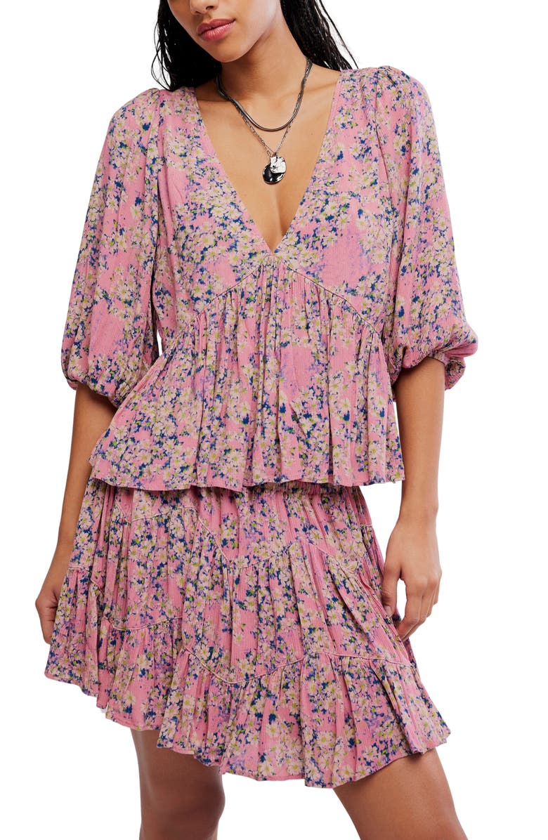 Free People Perishing Floral Print Blouse & Skirt Set, Alternate, color, Pink Combo