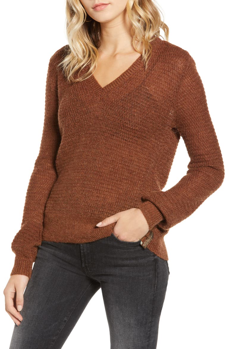 V-Neck Metallic Pullover, Main, color, 3256-CEDAR WOOD MELANGE