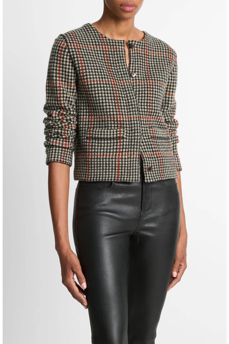 Intarsia Glen Plaid Wool & Cashmere Cardigan, Alternate, color, COBBLESTONE/ BLACK