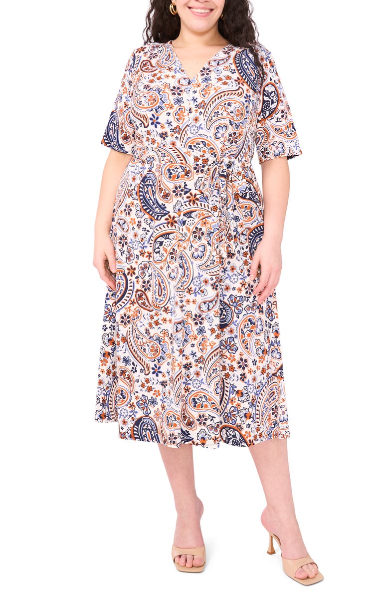 Vince Camuto Tie Front Midi Dress, Main, color, New Ivory