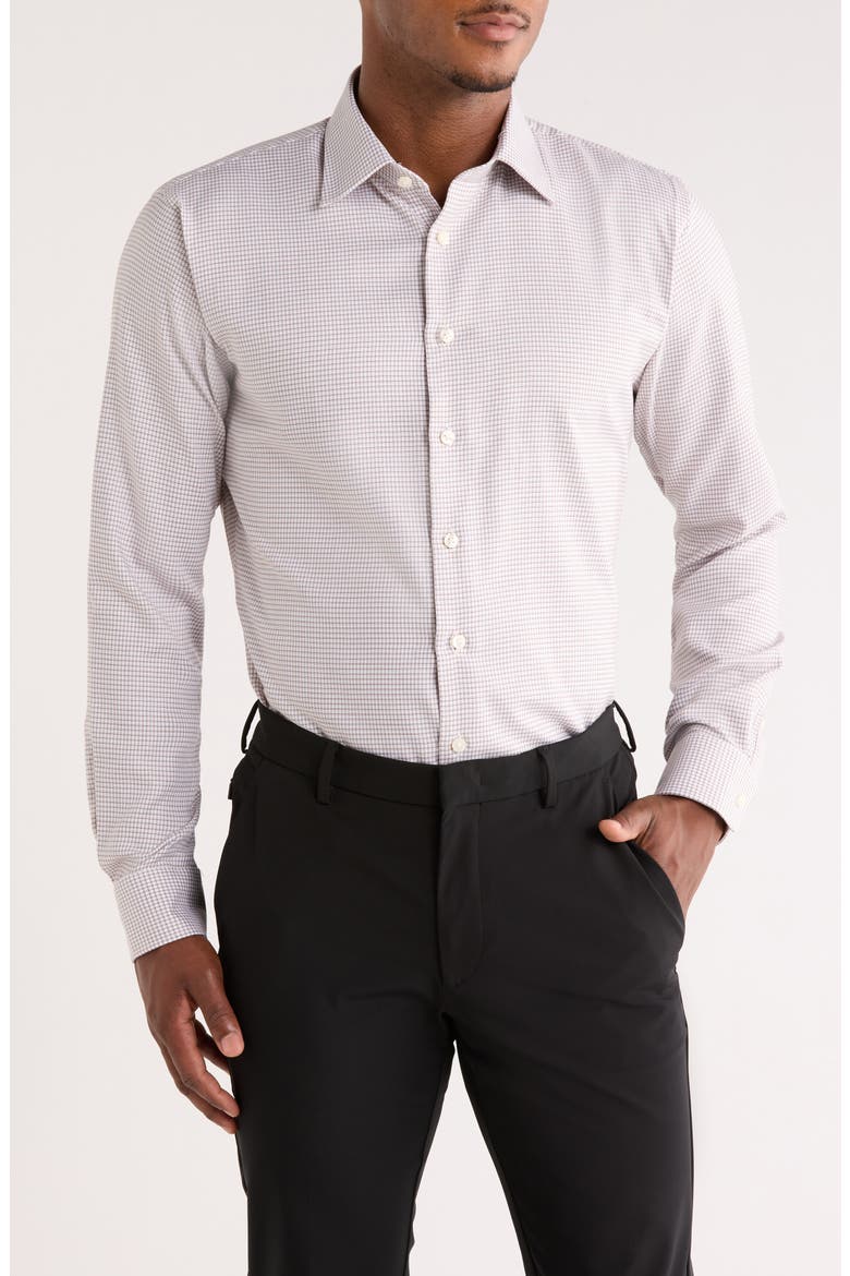 Trim Fit Microcheck Premium Non Iron Cotton Button-Up Shirt, Main, color, TAN STAG TEXTURE
