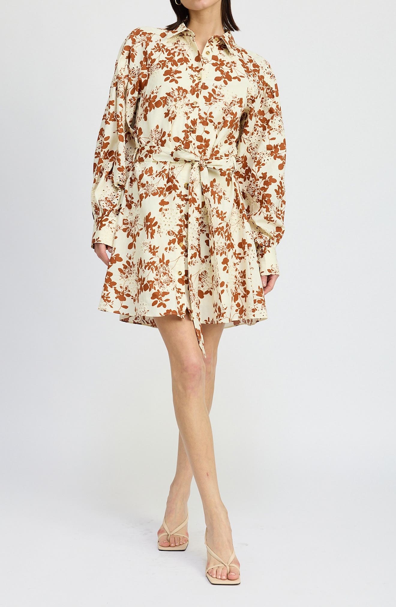 En Saison Emilia Floral Long Sleeve Cotton Mini Shirtdress in Off White Rust 