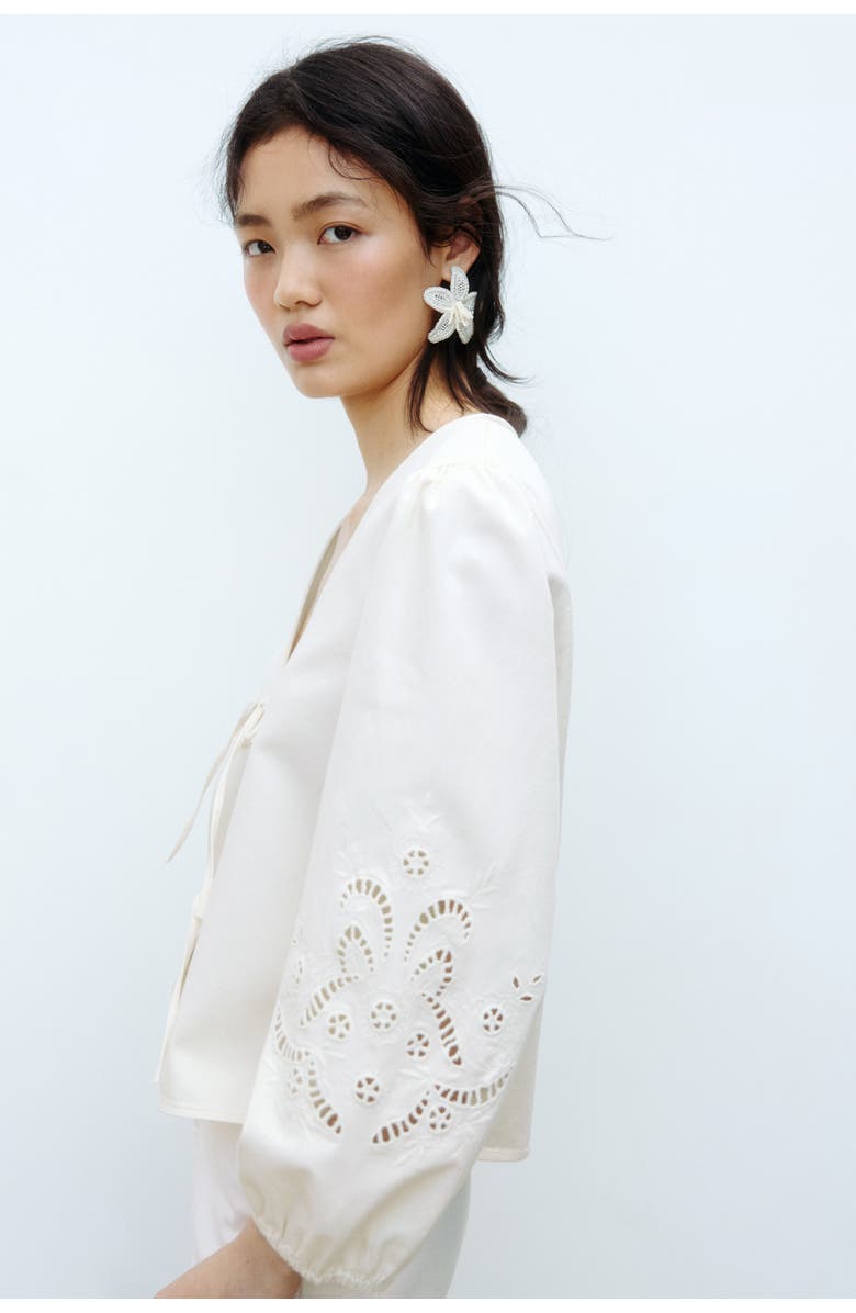 H&M Tie-detail Broderie Anglaise Jacket, Alternate, color, Cream
