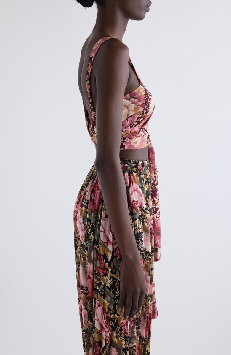 Chloé Floral Print Tie Front Silk Twill Crop Top, Alternate, color, Maroon Pink