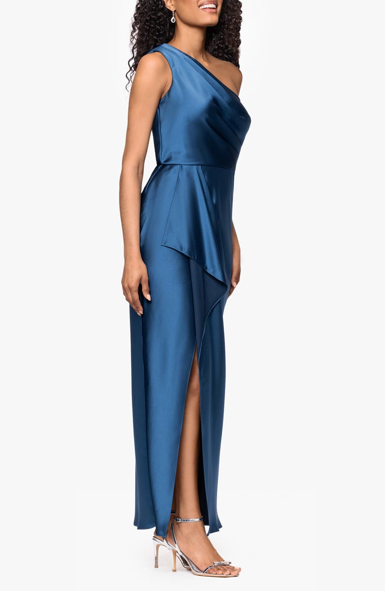 Xscape Evenings One Shoulder Satin Evening Gown, Alternate, color, Ocean