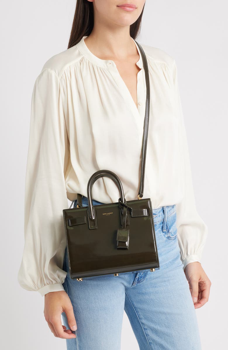 Saint Laurent Nano Sac de Jour Patent Leather Handbag, Alternate, color, Dark Vineyard Green