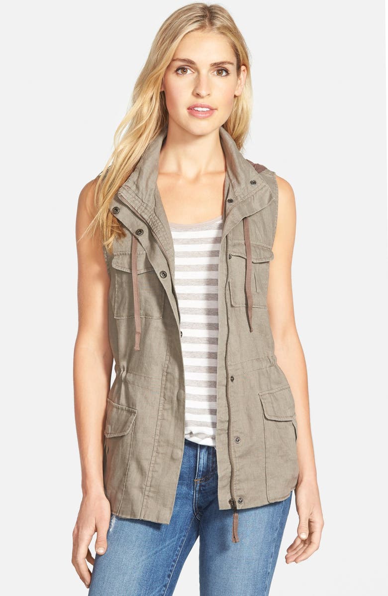 GIBSONLOOK Gibson Linen Utility Vest with Knit Hood, Main, color,