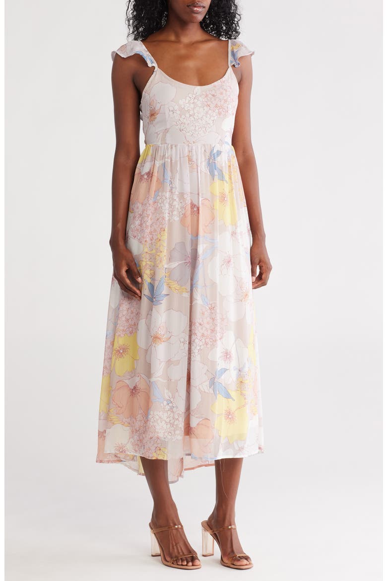 Floral Open Back Tie Maxi Dress, Main, color, NATURAL/ BLUE