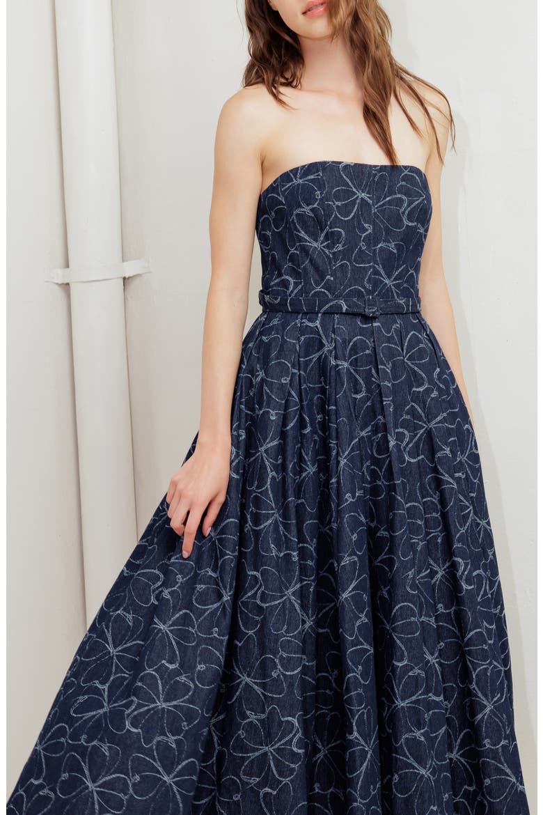 Printed Strapless Belted Denim Midi Dress, Alternate, color, DENIM