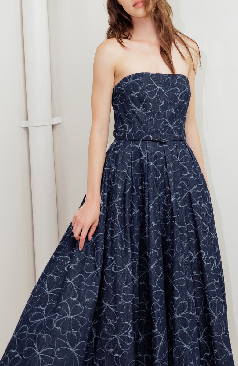 FREEMARKET Printed Strapless Belted Denim Midi Dress, Alternate, color, Denim