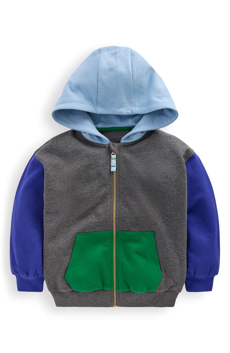 Mini Boden Kids' Colorblock Cotton Zip-Up Hoodie, Main, color, Grey Hotch