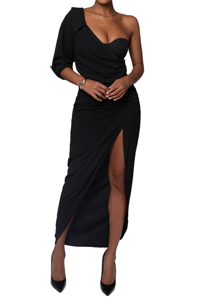 Evita Single Long Sleeve Cotton & Linen Maxi Dress, Alternate, color, BLACK