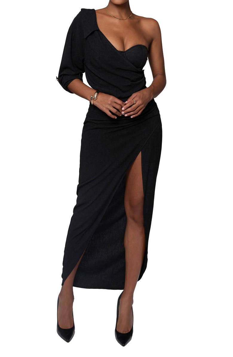 JLUXLABEL Evita Single Long Sleeve Cotton & Linen Maxi Dress, Alternate, color, Black