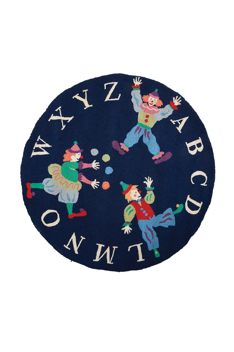 Abc Clown Kids Children's Everyday Playroom Daycare Clown Circus Premium Handmade Hooked Indoor Blue Red Area Rug, Main, color, Blue