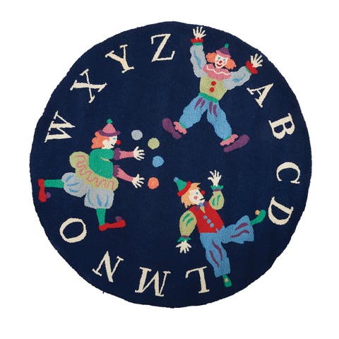 Abc Clown Kids Children's Everyday Playroom Daycare Clown Circus Premium Handmade Hooked Indoor Blue Red Area Rug