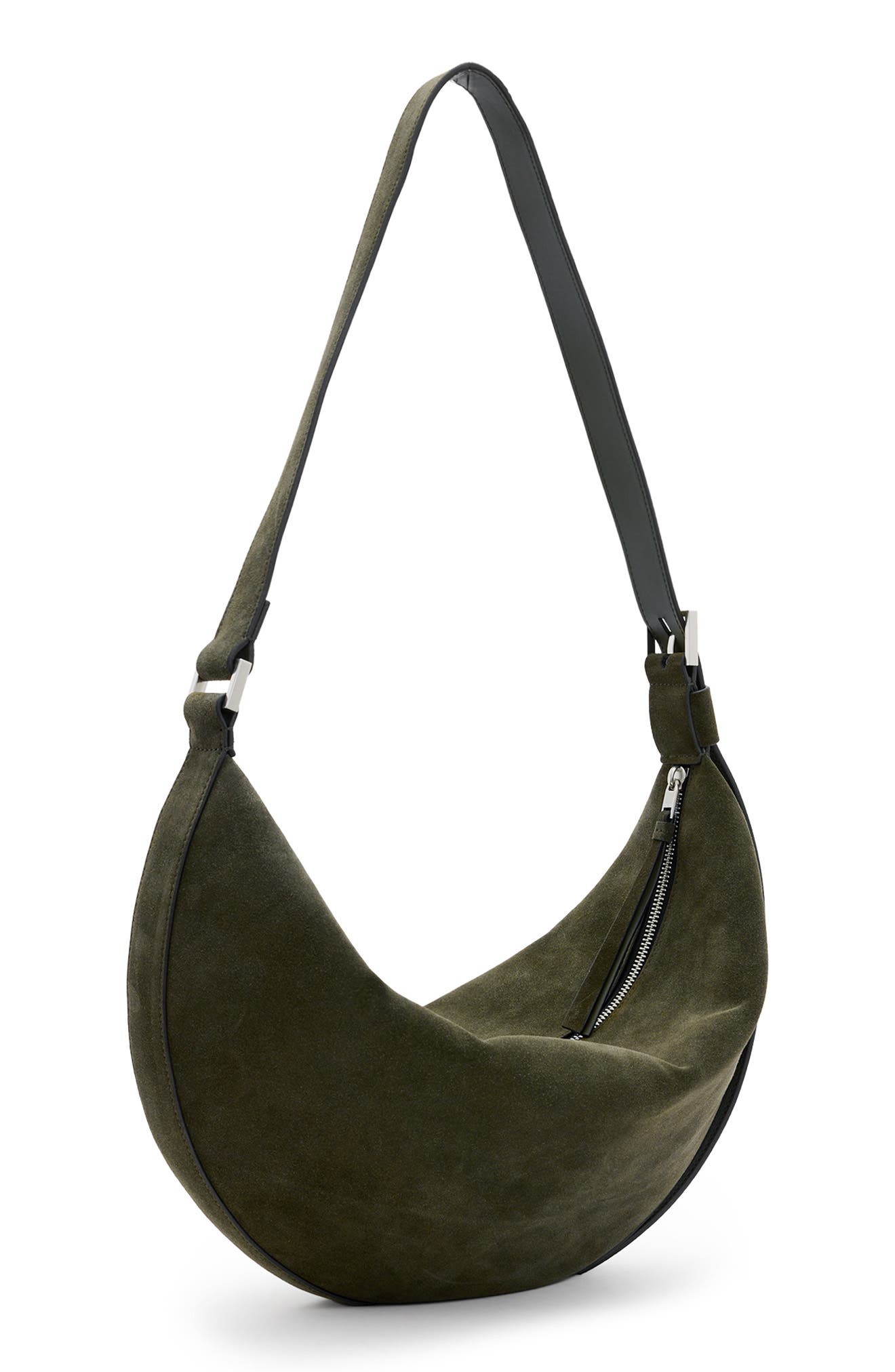 AllSaints Half Moon Suede Shoulder Bag, Alternate, color, 