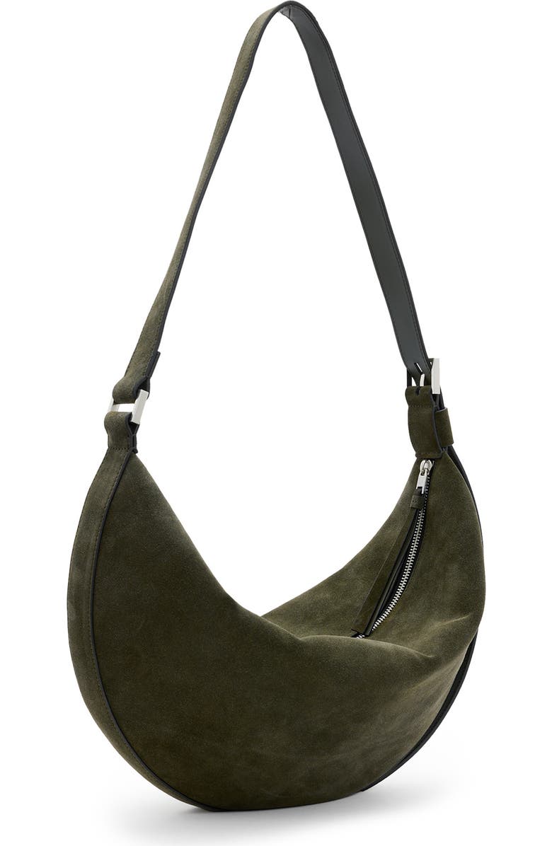AllSaints Half Moon Suede Shoulder Bag, Alternate, color,