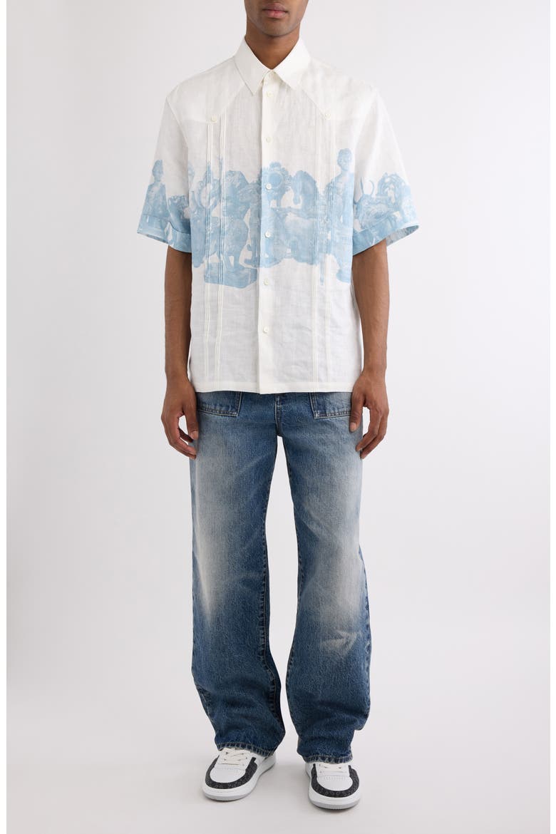 Hubert Objects Print Linen Button-Up Shirt, Alternate, color, BLUE/ WHITE