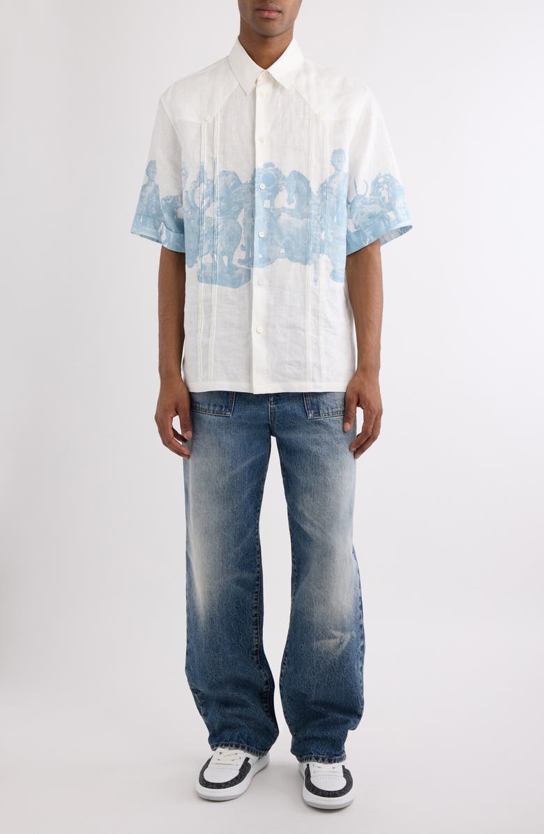 Givenchy Hubert Objects Print Linen Button-Up Shirt, Alternate, color, 