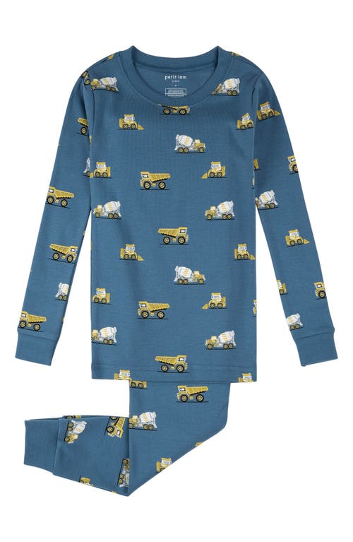 Petit Lem Kids' Construction Trucks Print Fitted Two-Piece Pajamas in Royal Blue 