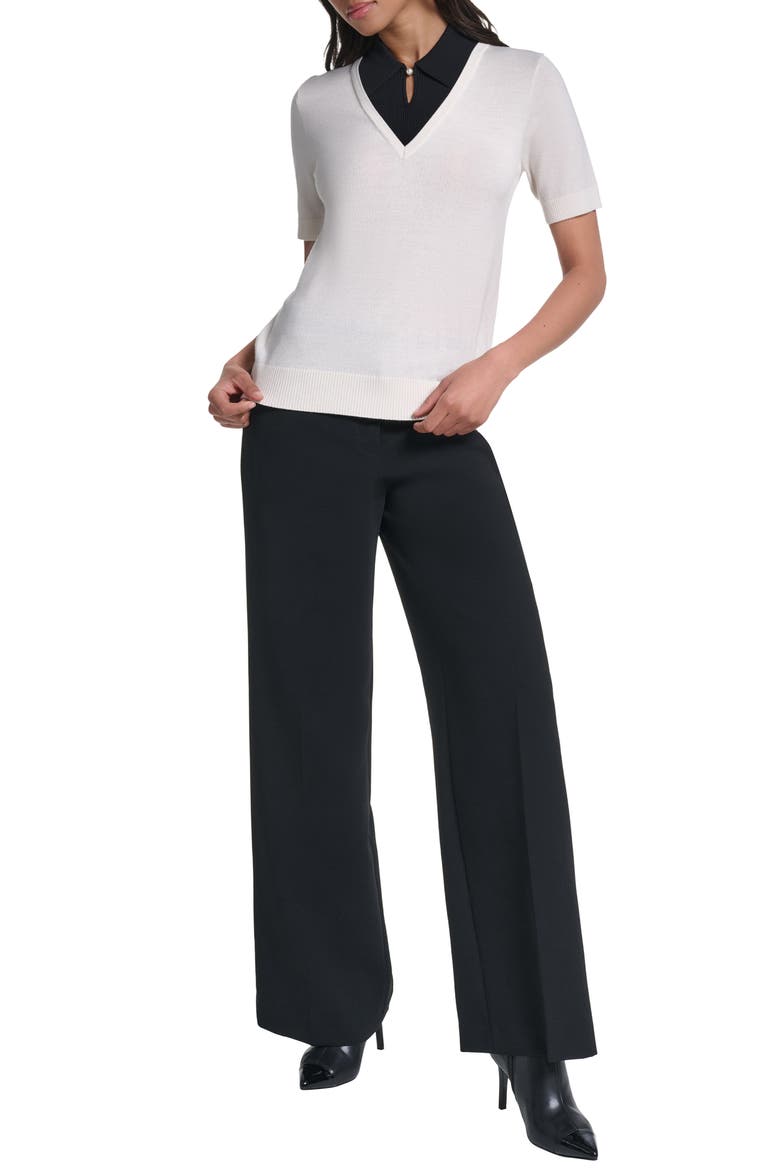 Layered Short Sleeve Sweater, Alternate, color, BIRCH/ BLACK