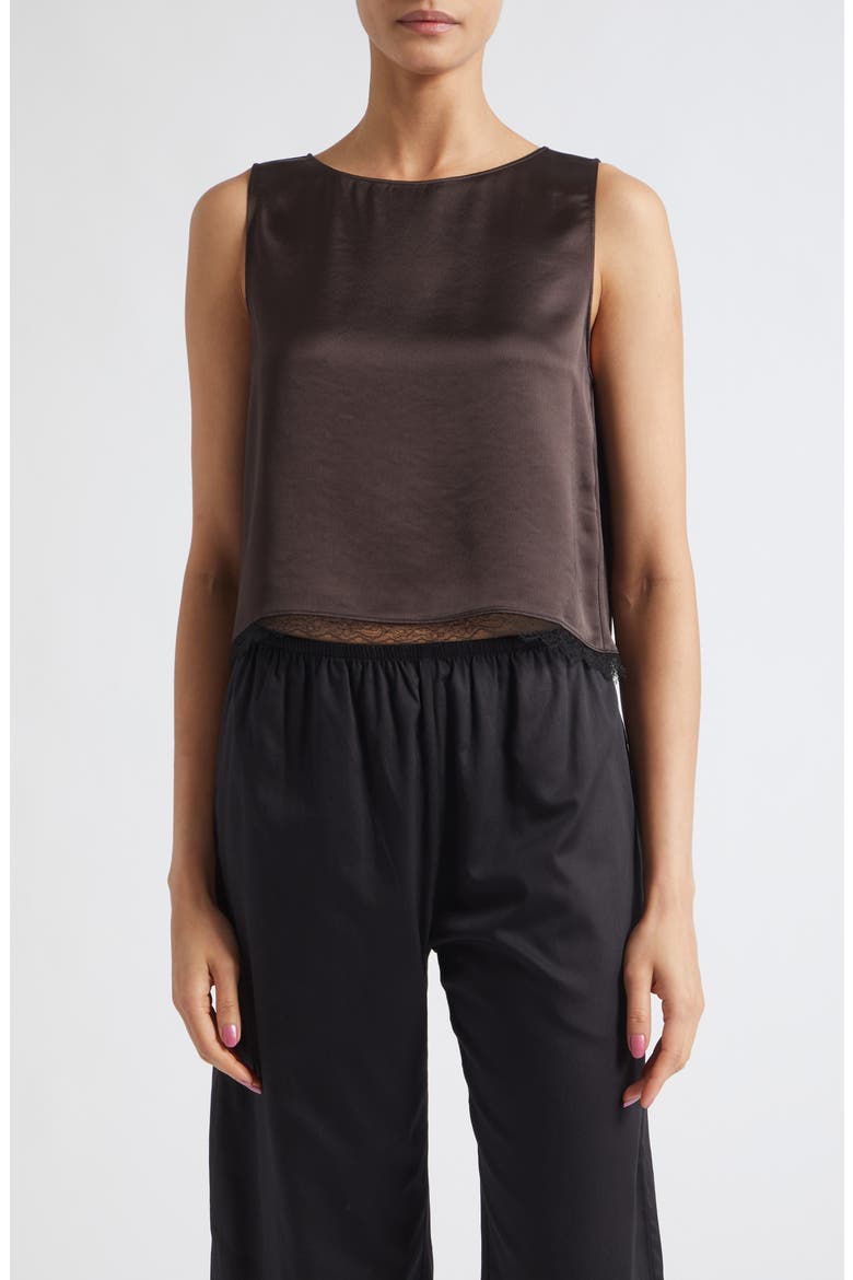 Barb Lace Trim Sleeveless Satin Top, Main, color, CHOCOLATE