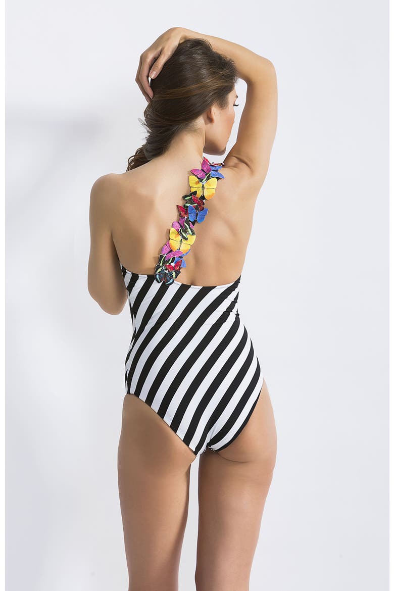 3D Butterfly Appliqué One-Shoulder Striped One-Piece Swimsuit, Alternate, color, Black-White