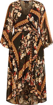 City Chic Falling Floral Long Sleeve Wrap Maxi Dress