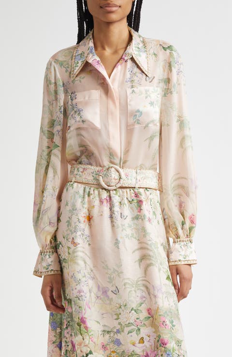 Curved Collar Silk Chiffon Shirt