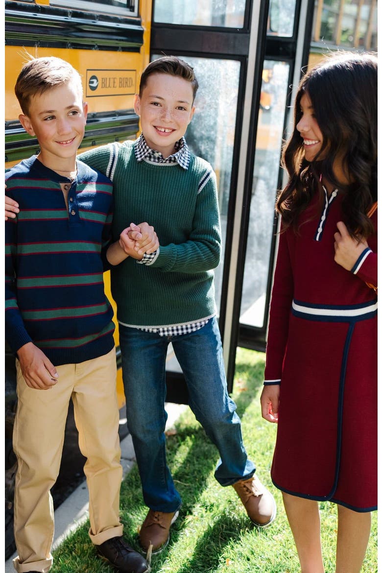 Boys' Organic Sweater Henley with Elbow Patches, Kids, Alternate, color, Navy Collegiate Green Stripe
