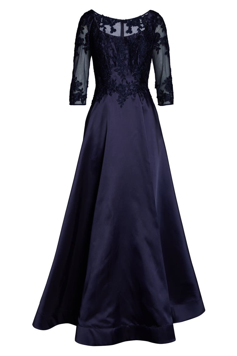 Lace & Mikado A-Line Gown, Alternate, color, NAVY