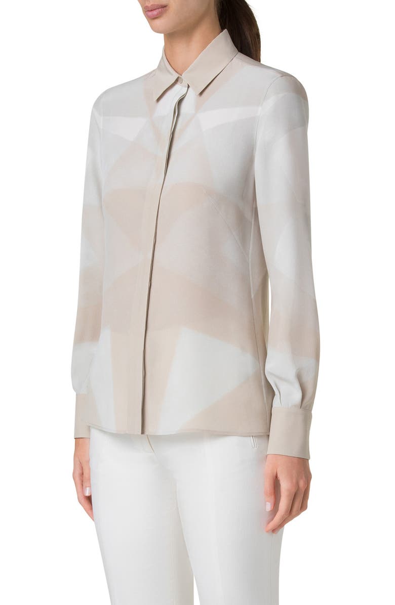 Akris Chiaroscuro Print Silk Crepe Button-Up Shirt, Alternate, color, Greige