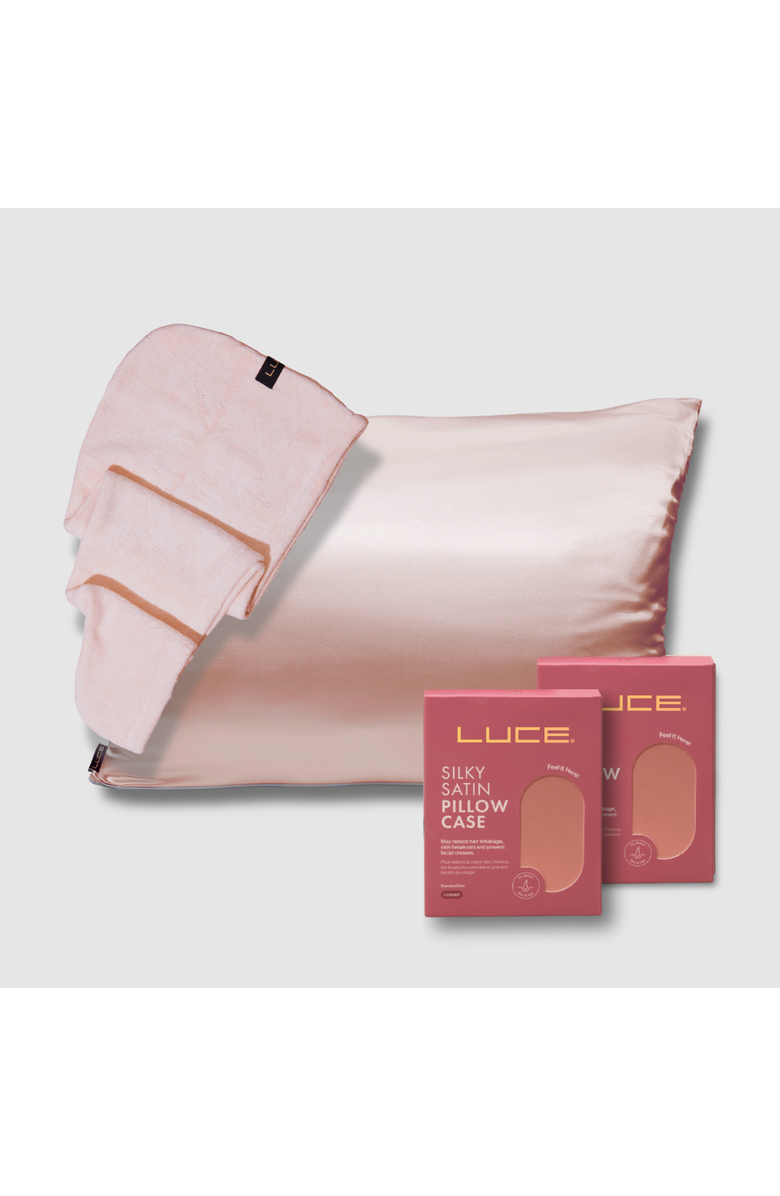 LUCE BEAUTY Silky Satin Pillowcases + Hair Towel Wrap, Main, color, Pink