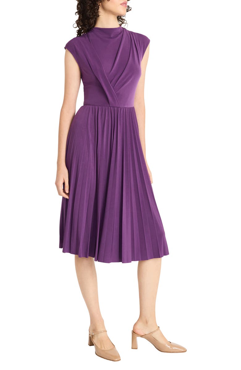 Maggy London Pleated Midi Dress, Alternate, color, Plum