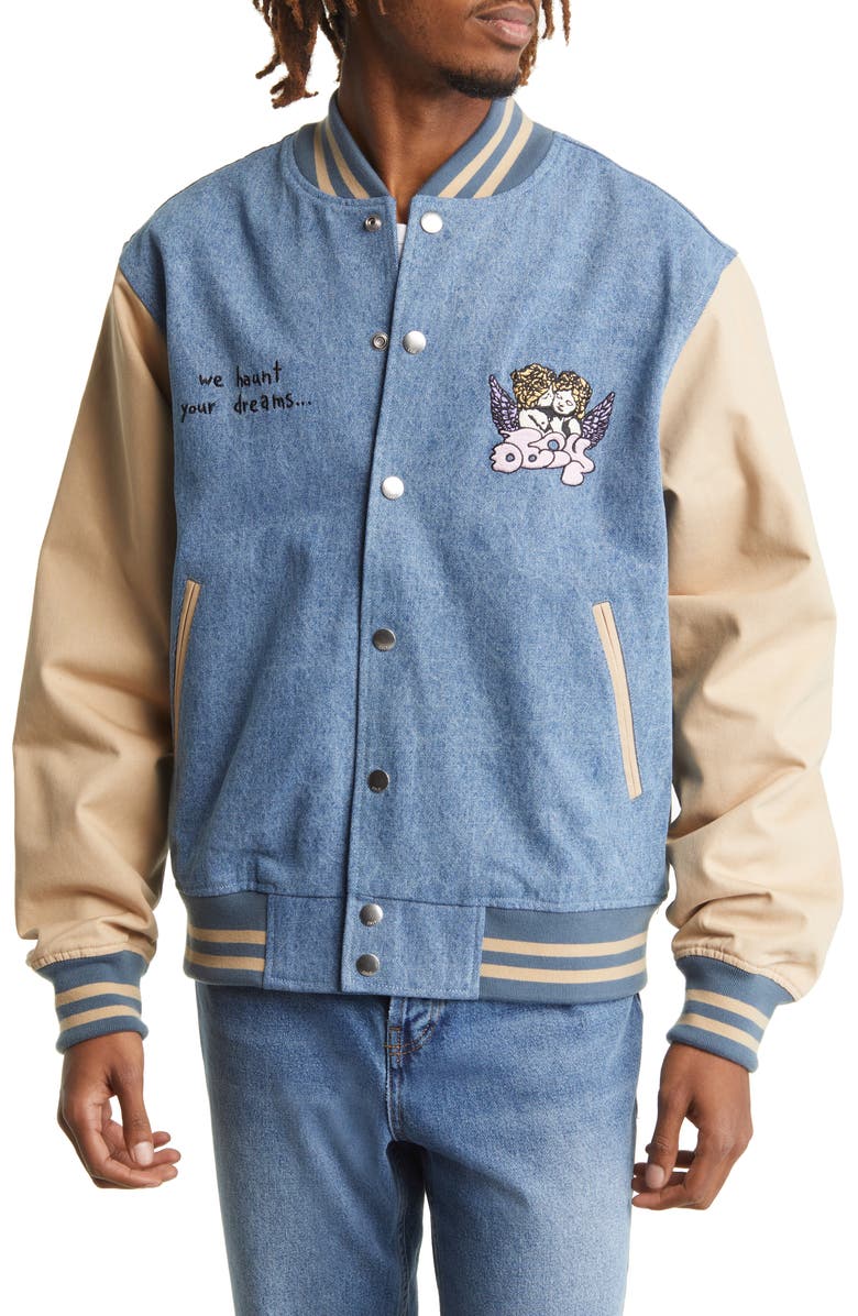 Obey Care Embroidered Denim Varsity Jacket, Alternate, color,