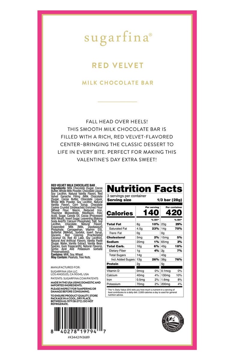 sugarfina Set of 2 Red Velvet Milk Chocolate Bars, Alternate, color, 