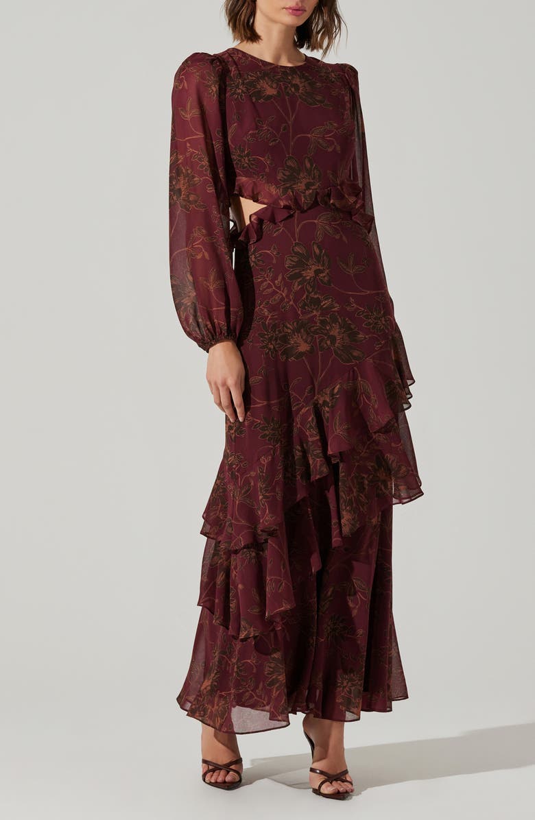 ASTR the Label Biella Cutout Ruffle Long Sleeve Cocktail Dress, Alternate, color, 